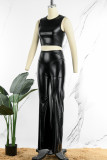 Black Casual Solid Patchwork O Neck Sleeveless Two Pieces