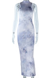 Grey Sexy Print Tie Dye Patchwork Backless Half A Turtleneck One Step Skirt Dresses