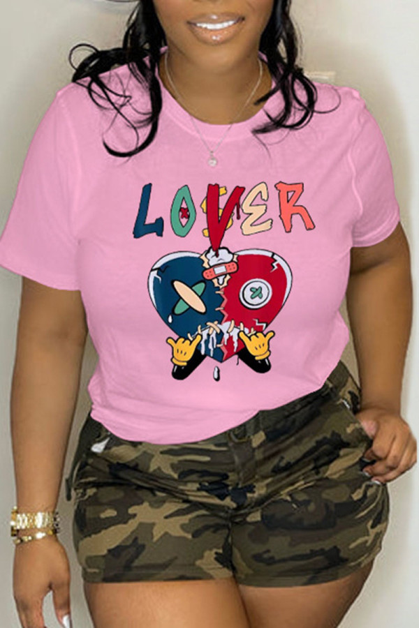 Pink Casual Street Print Patchwork O Neck T-Shirts