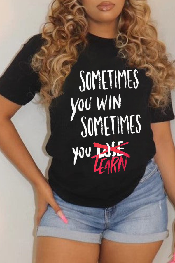 Black Daily Simplicity Print Patchwork Letter O Neck T-Shirts