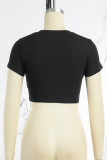 Black Casual Letter Hot Drilling Patchwork O Neck T-Shirts