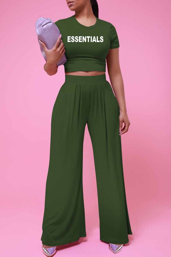 Army Green Casual Print Letter O Neck Short Sleeve Two Pieces