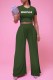 Army Green Casual Print Letter O Neck Short Sleeve Two Pieces