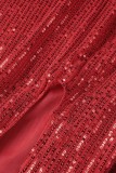 Red Sexy Solid Sequins Patchwork Slit U Neck Vest Dress Dresses