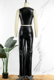 Black Casual Solid Patchwork O Neck Sleeveless Two Pieces