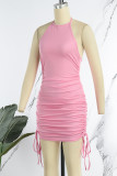 Pink Sexy Solid Draw String Fold O Neck Sleeveless Dress Dresses