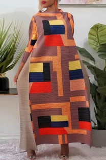 Light Coffee Street Geometric Print Patchwork O Neck Long Dress Dresses(The Front Piece Is Shorter)