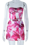 Rose Red Sexy Print Patchwork Slit Strapless Sleeveless Two Pieces