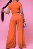 Orange Casual Print Letter O Neck Short Sleeve Two Pieces