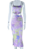 Purple Sexy Print Bandage Patchwork Backless Asymmetrical Spaghetti Strap Sleeveless Two Pieces
