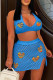 Blue Sexy Patchwork Backless Halter Sleeveless Two Pieces