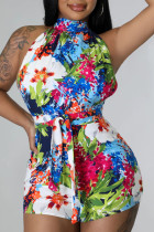 Green Sexy Vacation Floral Frenulum Backless Half A Turtleneck Regular Jumpsuits(With Belt)
