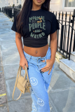 Black Casual Daily Print Letter O Neck T-Shirts