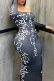 Black Sexy Print Patchwork Off the Shoulder One Step Skirt Dresses