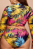 Multicolor Sexy Print Patchwork Zipper Collar Plus Size Swimwear (With Paddings)