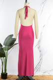 Rose Red Sexy Solid Backless Halter Long Dress Dresses