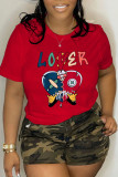 Red Casual Street Print Patchwork O Neck T-Shirts