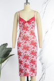 Pink Sexy Print Backless V Neck Sling Dress Dresses