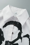 White Casual Street Print Patchwork Buckle Turndown Collar Tops