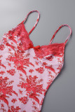 Pink Sexy Print Backless V Neck Sling Dress Dresses