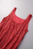 Red Sexy Solid Sequins Patchwork Slit U Neck Vest Dress Dresses