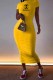 Yellow Casual Print Letter O Neck One Step Skirt Dresses