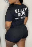 Black Casual Print Letter O Neck Short Sleeve Two Pieces