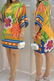 Green Casual Print Patchwork O Neck Straight Dresses