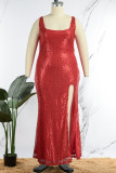 Red Sexy Solid Sequins Patchwork Slit U Neck Vest Dress Dresses