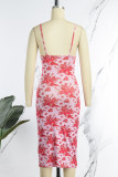 Pink Sexy Print Backless V Neck Sling Dress Dresses