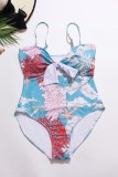 Light Blue Sexy Print Hollowed Out Backless Spaghetti Strap Plus Size Swimwear (With Paddings)