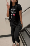 Black Daily Simplicity Print Patchwork Letter O Neck T-Shirts