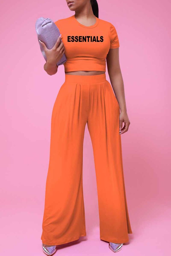 Orange Casual Print Letter O Neck Short Sleeve Two Pieces