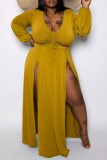 Blue Casual Solid Slit V Neck Long Sleeve Plus Size Rompers