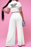 White Casual Print Letter O Neck Short Sleeve Two Pieces