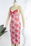 Pink Sexy Print Backless V Neck Sling Dress Dresses