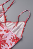 Pink Sexy Print Backless V Neck Sling Dress Dresses