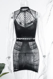 Black Sexy Solid Hollowed Out Patchwork O Neck Pencil Skirt Dresses
