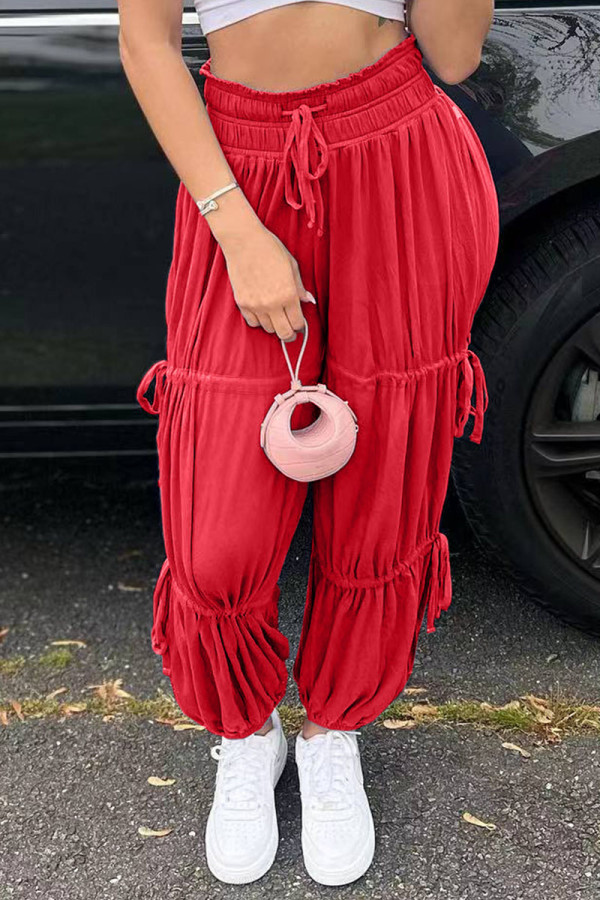 Red Casual Solid Patchwork Frenulum Fold High Waist Pencil Solid Color Bottoms