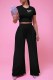 Black Casual Print Letter O Neck Short Sleeve Two Pieces