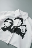 White Casual Street Print Patchwork Buckle Turndown Collar Tops