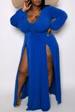 Blue Casual Solid Slit V Neck Long Sleeve Plus Size Rompers