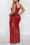 Red Sexy Solid Sequins Patchwork Slit U Neck Vest Dress Dresses