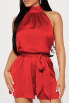 Red Sexy Casual Solid Bandage Backless Halter Regular Romper