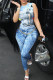 Blue Casual Street Print Patchwork O Neck Skinny Jumpsuits