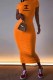 Orange Casual Print Letter O Neck One Step Skirt Dresses