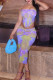 Purple Sexy Print Bandage Patchwork Backless Asymmetrical Spaghetti Strap Sleeveless Two Pieces