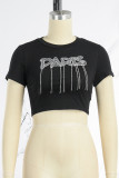 Black Casual Letter Hot Drilling Patchwork O Neck T-Shirts