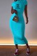 Cyan Casual Print Letter O Neck One Step Skirt Dresses