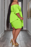 Fluorescent Green Casual Solid Bandage Patchwork With Belt Off the Shoulder Plus Size Two Pieces